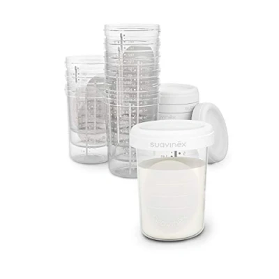 Image de Suavinex, Pots de Conservation du Lait Maternel, Bébé, Couvercles Vissables, Hermétiques, Graduation, Zone Marquage, Passe au Micro onde, Lave vaisselle, Congélateur (10 x 180 ml)