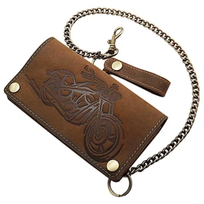 Afbeelding van myledershop Lederen biker portemonnee met metalen ketting en afneembare kaarthouder motorfiets motief RFID NFC blokkering, Bruin,
