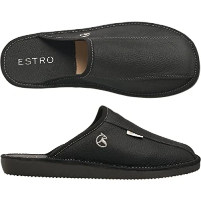 Afbeelding van ESTRO Pantoffels voor heren, pantoffels, leer, wol, onvergetelijke zool, Frost, Onyx