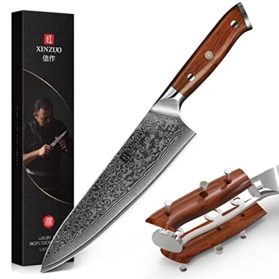 Afbeelding van XINZUO Yu Serie Koksmes 21 cm, keukenmes van 10Cr15CoMoV Damascus staal, professioneel groentemes met handvat rozenhout