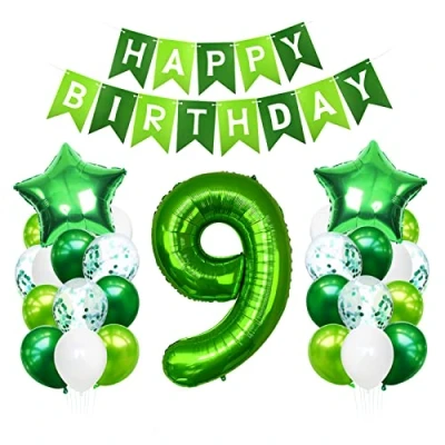 Afbeelding van Bluelves 9 jaar verjaardagsballon, cijfer 9, groene heliumballonnen, verjaardagsballon voor kinderen, meisjes en jongens