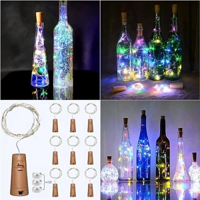 Afbeelding van Set van 10 veelkleurige lichtdoppen voor flessen, 20 leds, 2 m, waterdicht, verlichting wijnflessen, led flessenlicht, decoratie Kerstmis, feest, bruiloft, feest
