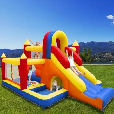 Afbeelding van Ballsea Opblaasbaar kasteel met ventilator, voor binnen, XXL, paradijs kinderen, glijbaan, veiligheidsnet, EN71 gecertificeerd, 3 8 jaar