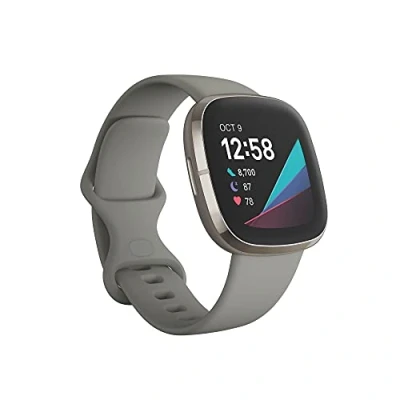 Image de Fitbit Sense Acier inoxydable argent montre intelligente avec bande silicone gris sage taille du bracelet : S/L Wi Fi, NFC, Bluetooth