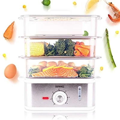 Afbeelding van Duronic FS87 Elektrische stomer 870 W met 3 niveaus, inhoud 10,6 liter, timer, BPA vrij, ideaal voor het koken van vlees, vis, groenten, aardappelen, couscous zonder vet