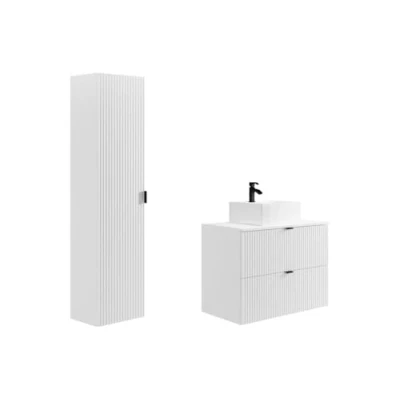 Afbeelding van Vente unique Gestreept hangmeubel voor badkamer met opbouwwastafel en kolom Mat wit 80 cm ZEVINI