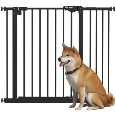 Afbeelding van PawHut Veiligheidshek voor dieren met deur, automatische sluiting, dubbel vergrendelingssysteem, zonder boren, 1 verlenging, zwart