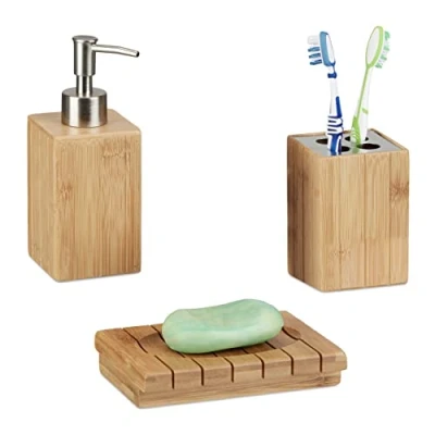 Afbeelding van Relaxdays badkameraccessoires bamboe 3 delige badkamerset zeeppompje bekertje hout