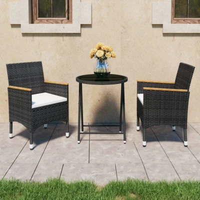 Afbeelding van 3 delige Bistroset poly rattan en gehard glas zwart