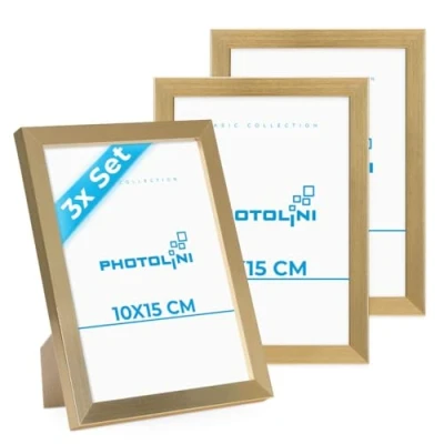 Afbeelding van PHOTOLINI Fotolijst 10 x 15 cm, MDF hout, goud, set van 3 fotolijsten voor posters en posters, onbreekbaar acrylglas, wanddecoratie om op te hangen neer zetten, met extra accessoires