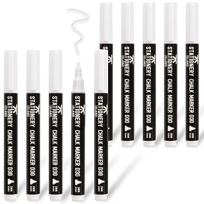 Afbeelding van STATIONERY ISLAND 10 uitwisbare vloeibare krijtstiften voor krijtbord, raam, glas en spiegel (10 witte punten van 3 mm)