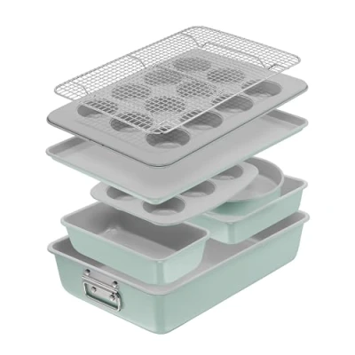 Afbeelding van Tefal Ceramik Bakvorm 8 delige Set 6&amp;12 muffins, vierkante cakevorm, koelrek, ronde taartvorm, bakplaat, braadslede