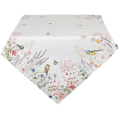 Afbeelding van Clayre &amp; Eef Tafelkleed 150x250 cm Wit Groen Katoen Rechthoek Bloemen