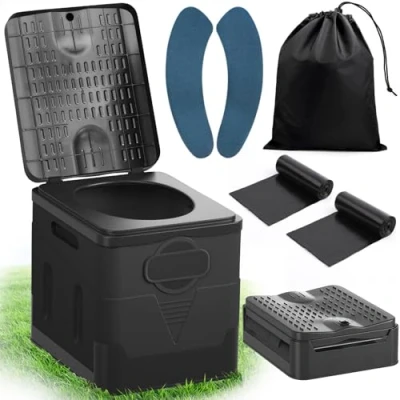 Afbeelding van SaiXuan Draagbare opvouwbare toiletset, 25 liter, belastbaar tot 150 kg, 24 vuilniszakken, draagtas, toiletzitkussen, voor camping, camper, wandelen, puur zwart
