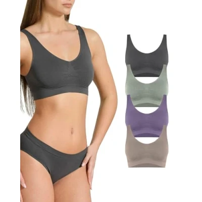 Afbeelding van Risalti Eco Friendly 4 delige beha zonder beugel damesbeha, Yees Green zachte microvezel beha, naadloze duurzaam en ademend ondergoed gemaakt van, Antraciet, haver, salie, bosbessen, XXL