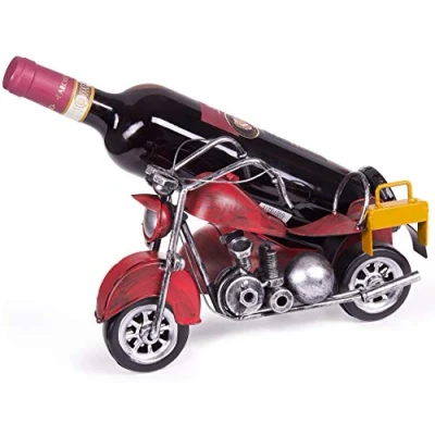 Afbeelding van BRUBAKER Wijnfleshouder Motorfiets met Zijspan Rood Bidonhouder Wijn Cadeau Wenskaart Decoratie van Metaal Wijnrek