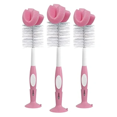 Afbeelding van Dr. Brown&#039;s Set van 3 herbruikbare flessenreinigingsborstels met zuignaphouder, schrobborstel en tepelreiniger, roze