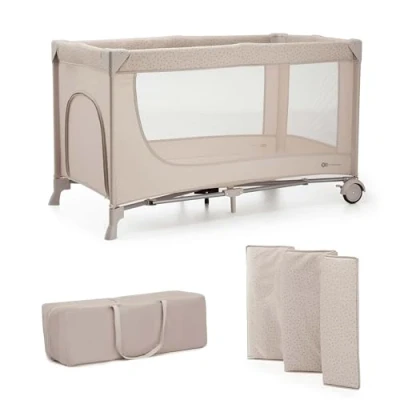 Image de Kinderkraft Joy Lot de 2 berceaux voyage 3 en 1 pour bébé jusqu&#039;à 25 kg, pliage rapide et facile, étagères couches matelas à langer Beige