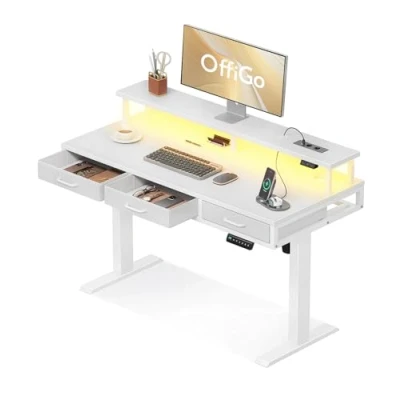 Afbeelding van OffiGo Elektrisch staand bureau met 3 laden, in hoogte verstelbaar en monitorstandaard, ergonomische tafel ledlampen, 120 x 54 78,5 cm, wit