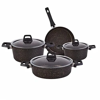 Afbeelding van Karaca Blackgold 7 delige inductiekookgerei pannenset met antiaanbaklaag, 3 pannen van biograniet glazen deksels en 1 granieten pan, PFOA vrij,