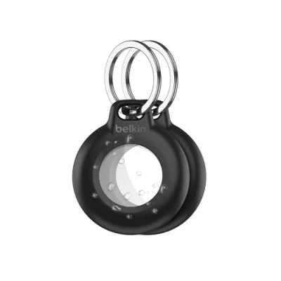 Afbeelding van Belkin Waterdichte beschermring met metalen clip voor AirTag (duurzame en krasbestendige bescherming, sleutelhangers, halsbanden huisdieren, bagage, rugzakken enz., zwart, 2 stuks)