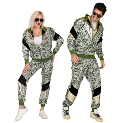 Afbeelding van Widmann 11283 jaren 80 dollarkostuum, jas en broek, comfortabel om te dragen, bankbiljetten, trainingspak, retrostijl, badfeest, carnaval, uniseks, volwassenen, 10206097, meerkleurig,