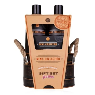 Afbeelding van Accentra MEN&#039;S COLLECTION cadeauset in tinnen emmer, met 300 ml bodyshampoo, shampoo, 100 g zeep, 15 netspons, geur: berk en ceder bruin