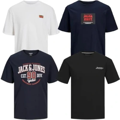 Afbeelding van JACK &amp; JONES Golk66 Set van 4 T shirts voor heren, ronde hals, oversized, 2XL, 3XL, 4XL, 5XL, 6XL, 7XL, 8XL, 4e verpakking # 03 Ps
