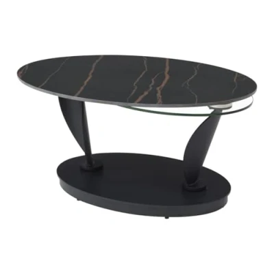 Afbeelding van Vente unique Salontafel met draaiende bladen in keramiek, gehard glas en metaal Zwarte marmerlook MANEYA van Maison Céphy L 150 cm x H 43 D 60