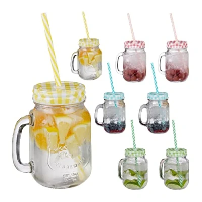 Afbeelding van Relaxdays Drinkglazen met deksel &amp; rietje, set 8 stuks, weckpot, 4 kleuren, mason jar