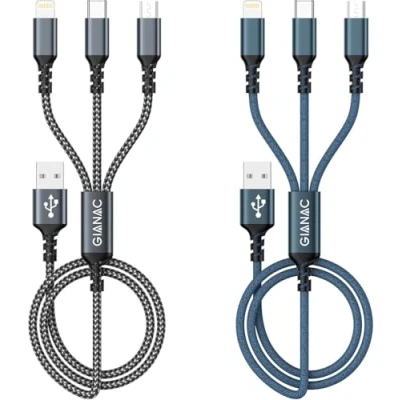 Afbeelding van GIANAC 2 stuks m multi USB kabel, 3 in 1 snellaadkabel, universele snellaadkabel met micro + C Lightning voor iPhone, Android Galaxy, Huawei, Oneplus, Sony,