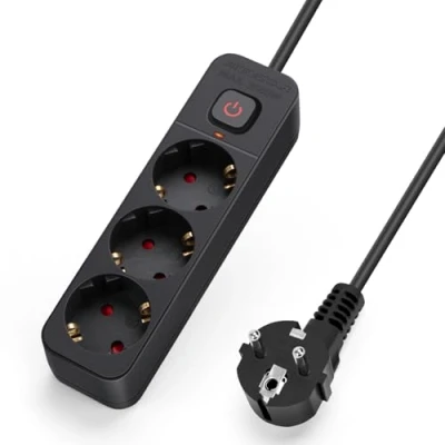 Afbeelding van Aigostar Stekkerdoos met 3 stopcontacten, verlengkabel m, kabel en schakelaar kinderbeveiliging, zwart, Duits stopcontact