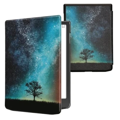 Afbeelding van kwmobile E reader hoesje geschikt voor Pocketbook InkPad 4 / Color 3 2 Vivlio hoes flip case met magnetische sluiting Ereader cover Sterrenstelsel en Boom design in blauw grijs zwart