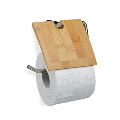 Afbeelding van Relaxdays, Nature toiletpapierhouder van bamboe, wandhouder, HxL: 16 x 16,5 cm, ijzer, nikkel, 1 element