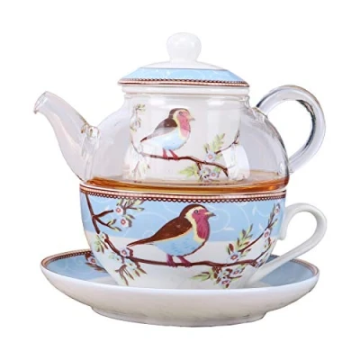Afbeelding van fanquare Robin Vogels en Bloemen Porselein Theepot Set, Keramische Theekop Schotel Set met Glazen Theepot, Blauw