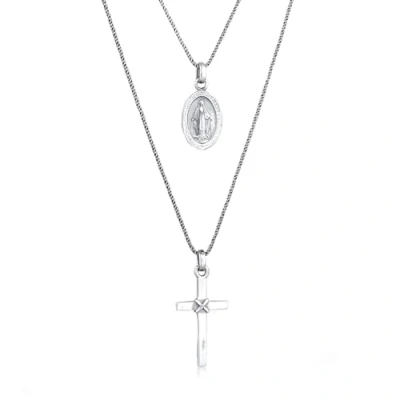 Afbeelding van Kuzzoi Heren Halsketting Ketting Mannen Mariabeeld Kruis Hanger Koordketting 925 Sterling Zilver Festival 55 cm
