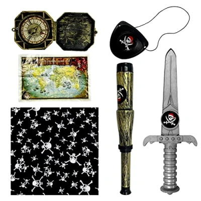 Afbeelding van TIANNAIT Set van 6 sets piraten, piratenzwaard, piratenbril, doodshoofd hoofdband, simulatie piratenaccessoires, kinderspeelgoed, Halloween decoratie, feestdecoratie