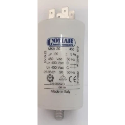 Afbeelding van Permanente condensator voor elektronische motor, 20uF, 450V, gemetalliseerd polypropyleen, dubbele Faston klem, Comar