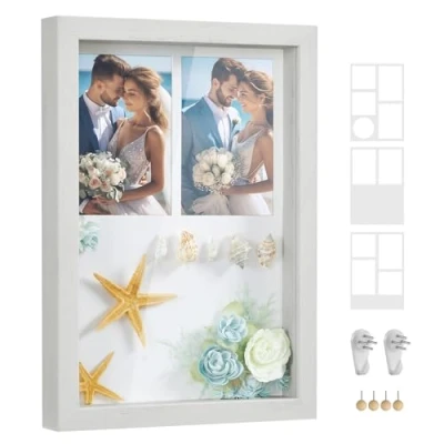 Afbeelding van SONGMICS A4 fotolijst, 3 houders, fotolijst om te vullen, 4 pluggen, fotocollage A4, 10,2 x 15,2 cm, 2 wandhaken zonder rail, vintage wit RPF019W01