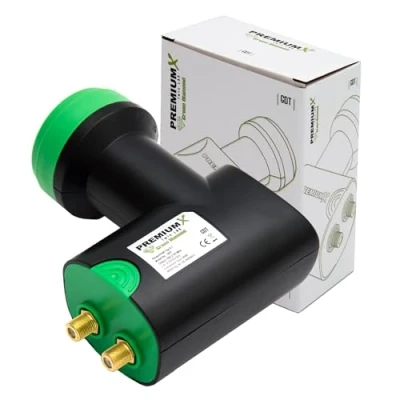 Afbeelding van PremiumX Twin LNB GDT Digital Sat ontvangstkop met 2 vakken voor deelnemers, aansluiting op Full HD UHD 4K satellietantenne