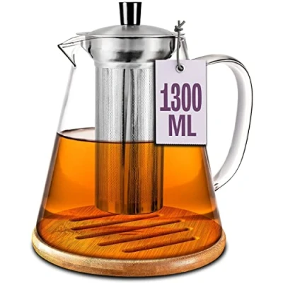 Afbeelding van Theepot Glas Met Roestvrijstalen Zeefje 1,3 L Onderzetter Hittebestendig Houdt Lang Warm Vaatwasmachinebestendig