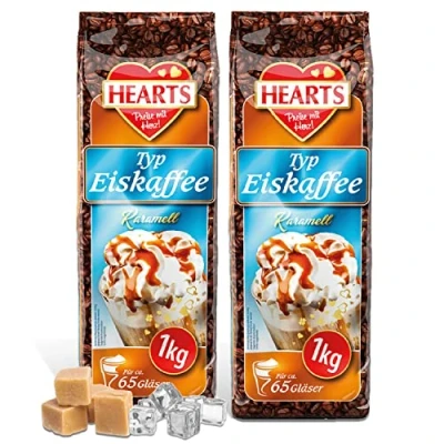 Afbeelding van HEARTS 2 verpakkingen karamel ijskoffiepoeder voor de zomer, 1 kg, snelle bereiding, oplosbaar en romig, voldoende 160 kopjes