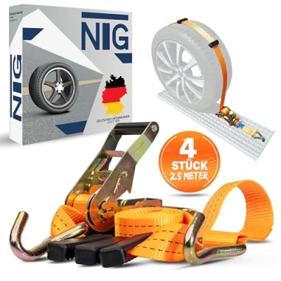 Afbeelding van Set van 4 spanbanden voor autotransport, veiligheidsgordel, sjorriem, bandenband, wielveiligheidsgordel, 35 mm, vervaardigd volgens de norm