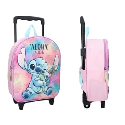 Afbeelding van mybagstory 3D Stitch rugzak met wieltjes voor meisjes roze kind school kleuterschool schooltas maat 32 cm verstelbare bandjes wielen cadeau idee,