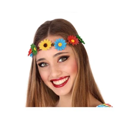 Afbeelding van Atosa Verkleed haarband met bloemen geel meisjes/dames Hippie/Flower Power