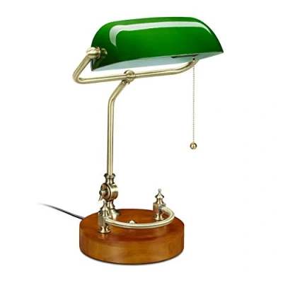 Afbeelding van Relaxdays 10034408 Bankierlamp met trekschakelaar, kantelbare glazen kap en houten voet, bankierlamp, retro bureaulamp, groen, 10034408, 43 x 27