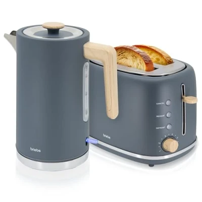Afbeelding van briebe Nordic Broodroosterset met brede sleuf, 2 schijven, 6 roosterniveaus + elektrische waterkoker, 1,7 l, draadloos, 2200 W, snel koken, BPA vrij, ontbijtpakket, Scandinavisch design, grijs