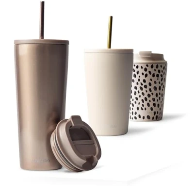 Afbeelding van Mameido Thermosbeker met rietje, 700 ml, waterdichte koffiethermos, roestvrij staal, BPA vrije thermobeker, koffiebruin (rozenkwarts, 0,7 l)
