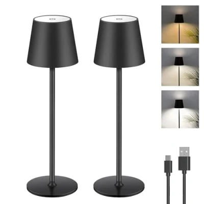 Afbeelding van Set van 2 dimbare led tafellampen, touch lamp, draadloos, met USB C aansluiting, metaal, oplaadbaar, voor buiten en binnen, aluminium, IP44 waterdicht, 5600 mAh, 5 W, zwart
