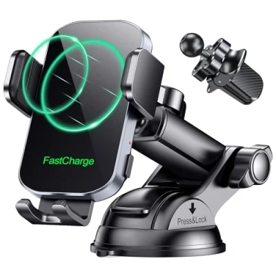 Afbeelding van Glangeh 15 W telefoonhouder voor auto, inductie, [automatisch klemmen] inductielader draadloos, snel [militaire zuignap], GPS opladers, compatibel met iPhone 16/15 Pro Max Galaxy